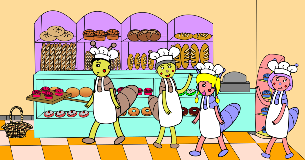 Tout d’abord : la boulangerie ! C’est là où l’on trouve les meilleurs gâteaux et beignets au chocolat ! Le chocolat, c’est mon péché mignon ! La boulangerie est tenue par Benji, Emma, Isabelle et André-Louis. Si tu savais tout ce qu’ils vendent comme bonnes choses !