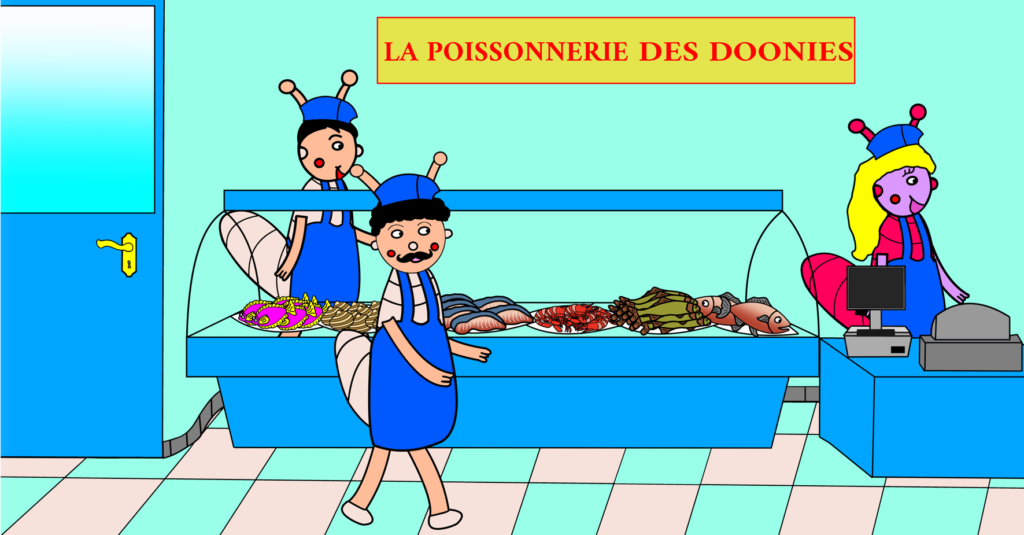 La poissonnerie du village ! C'est le commerce préféré de mes parents, la poissonnerie est tenue par Lucie, Guillaume et Annie. Qu’est-ce qu’elle est bavarde Annie ! Je n’ai jamais vu cela, elle est très amusante. J’adore aller chez eux aussi ! On en ressort toujours avec le sourire et du poisson bien frais à cuisiner !